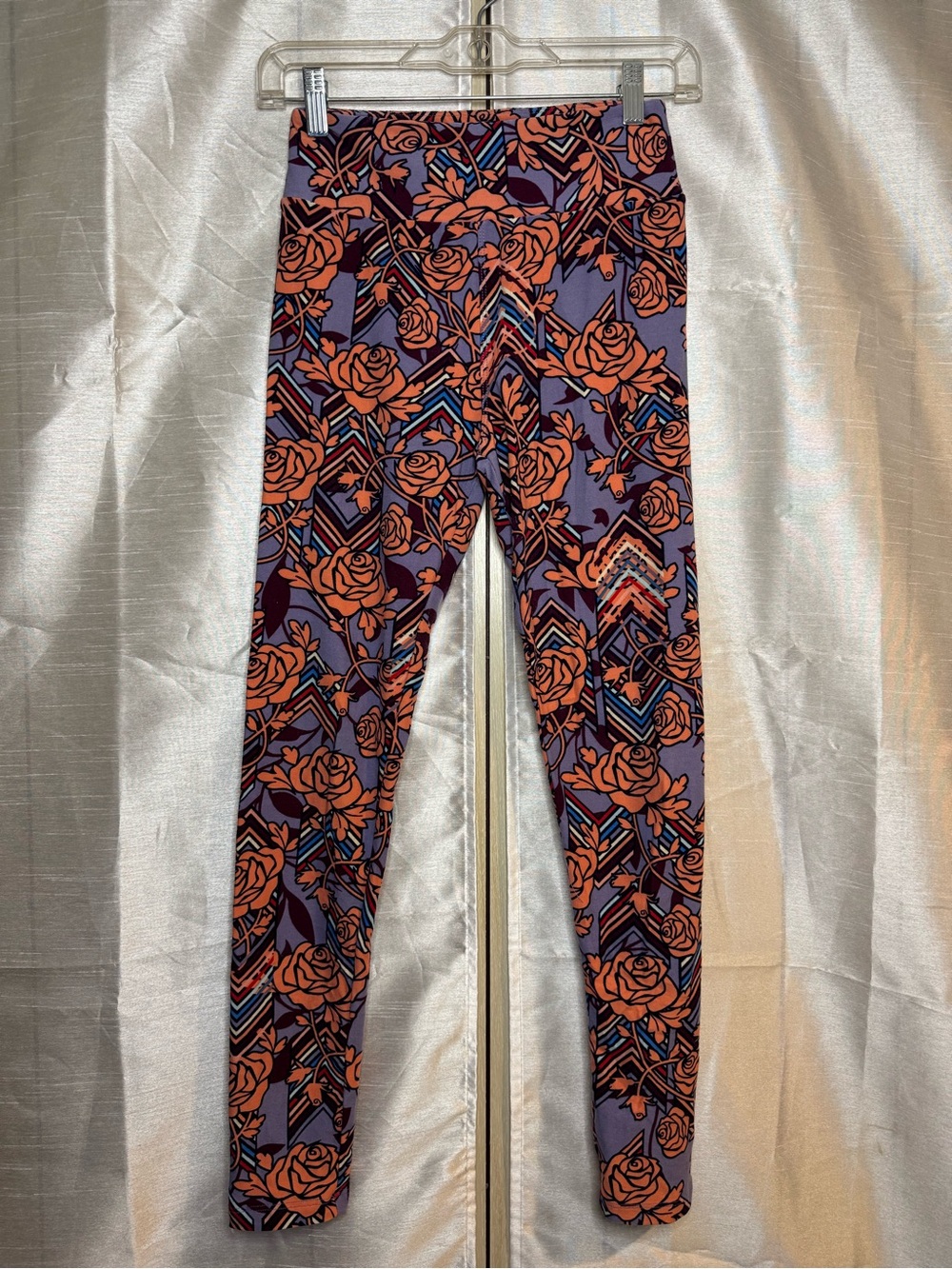 LuLaRoe Purple Leggings with Orange Rose Geo Print
